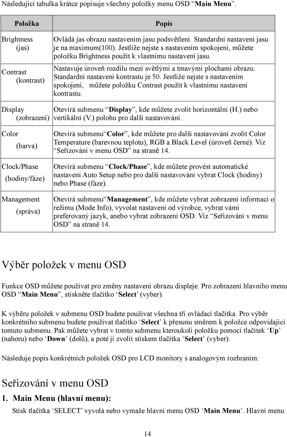 Nastavuje úroveň rozdílu mezi světlými a tmavými plochami obrazu. Standardní nastavení kontrastu je 50.