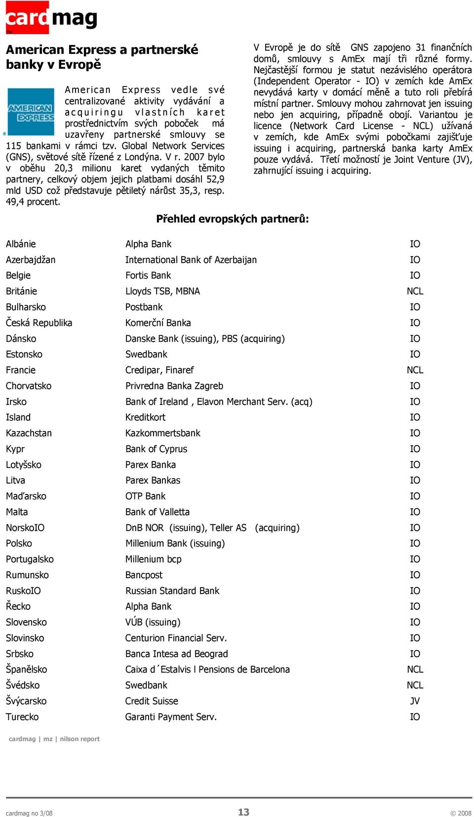 2007 bylo v oběhu 20,3 milionu karet vydaných těmito partnery, celkový objem jejich platbami dosáhl 52,9 mld USD což představuje pětiletý nárůst 35,3, resp. 49,4 procent.