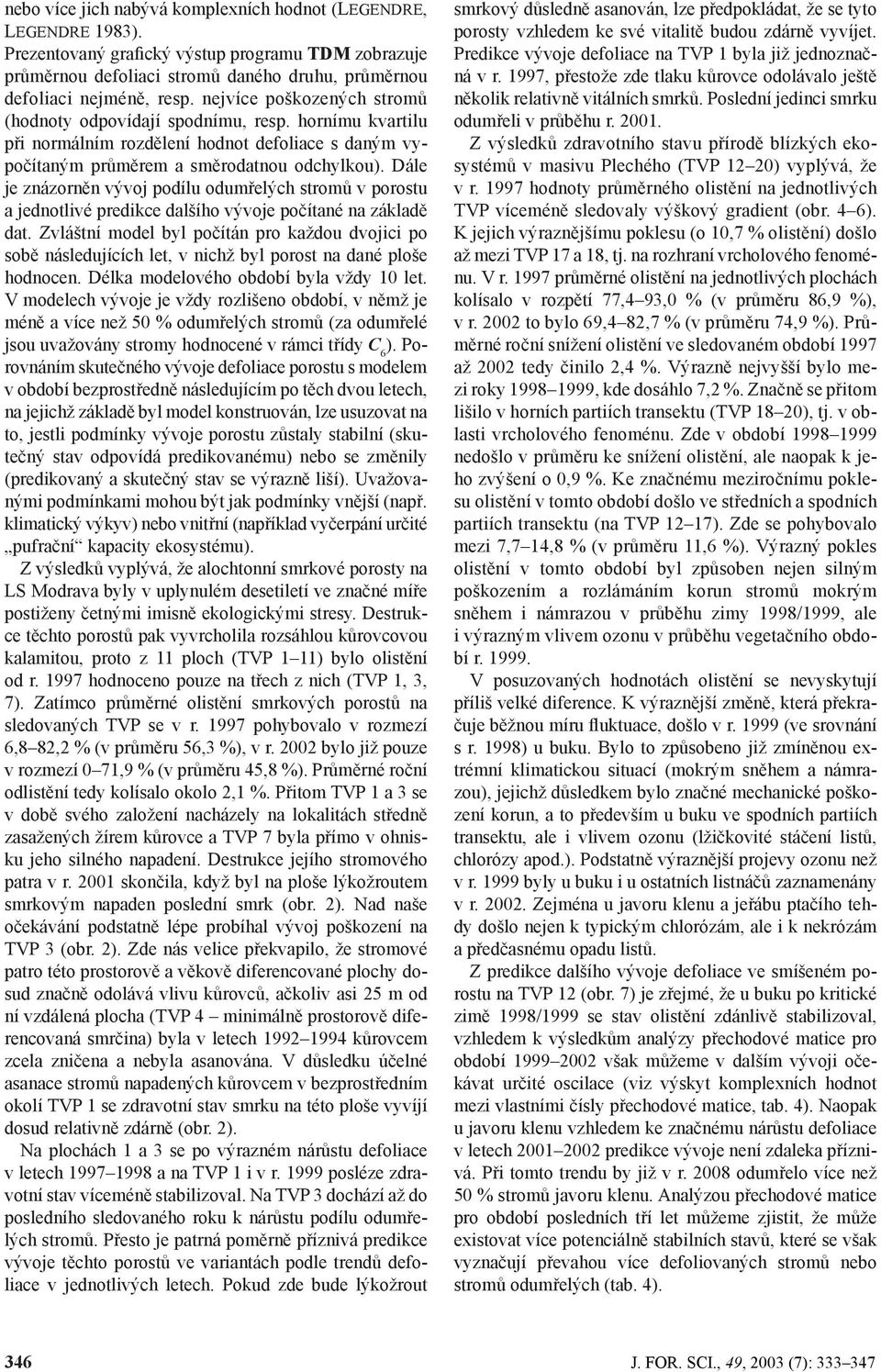 Dále je znázorněn vývoj podílu odumřelých stromů v porostu a jednotlivé predikce dalšího vývoje počítané na základě dat.