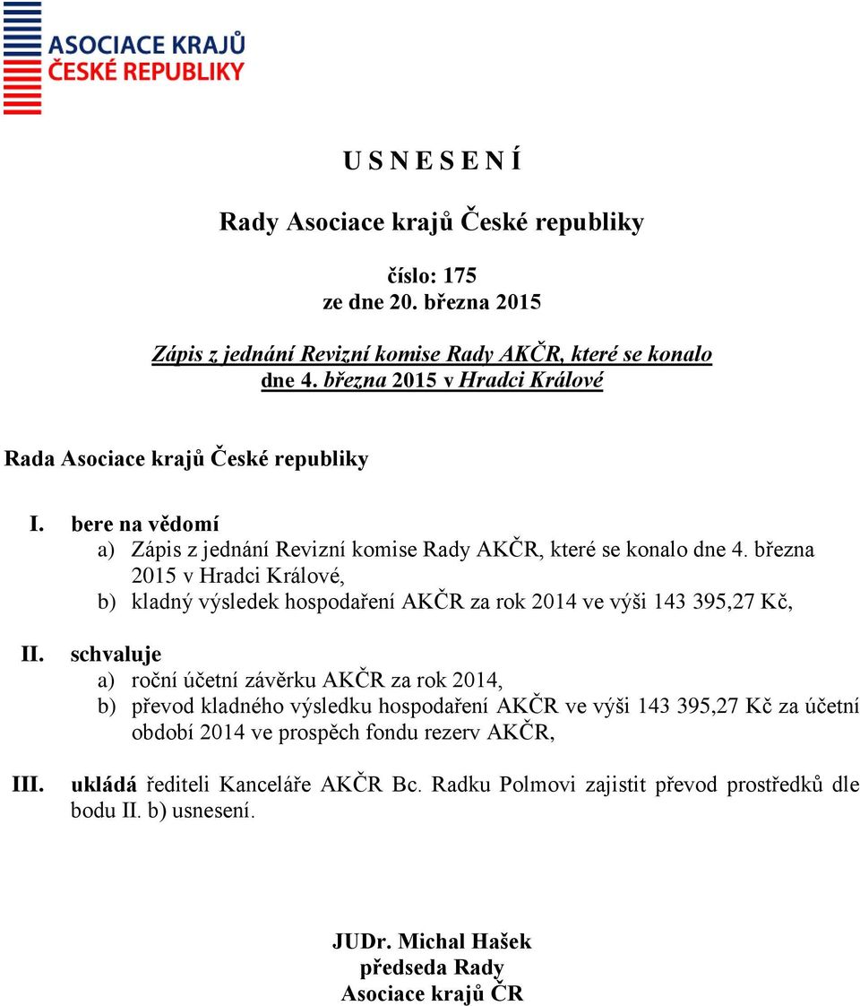 března 2015 v Hradci Králové, b) kladný výsledek hospodaření AKČR za rok 2014 ve výši 143 395,27 Kč, II. III.