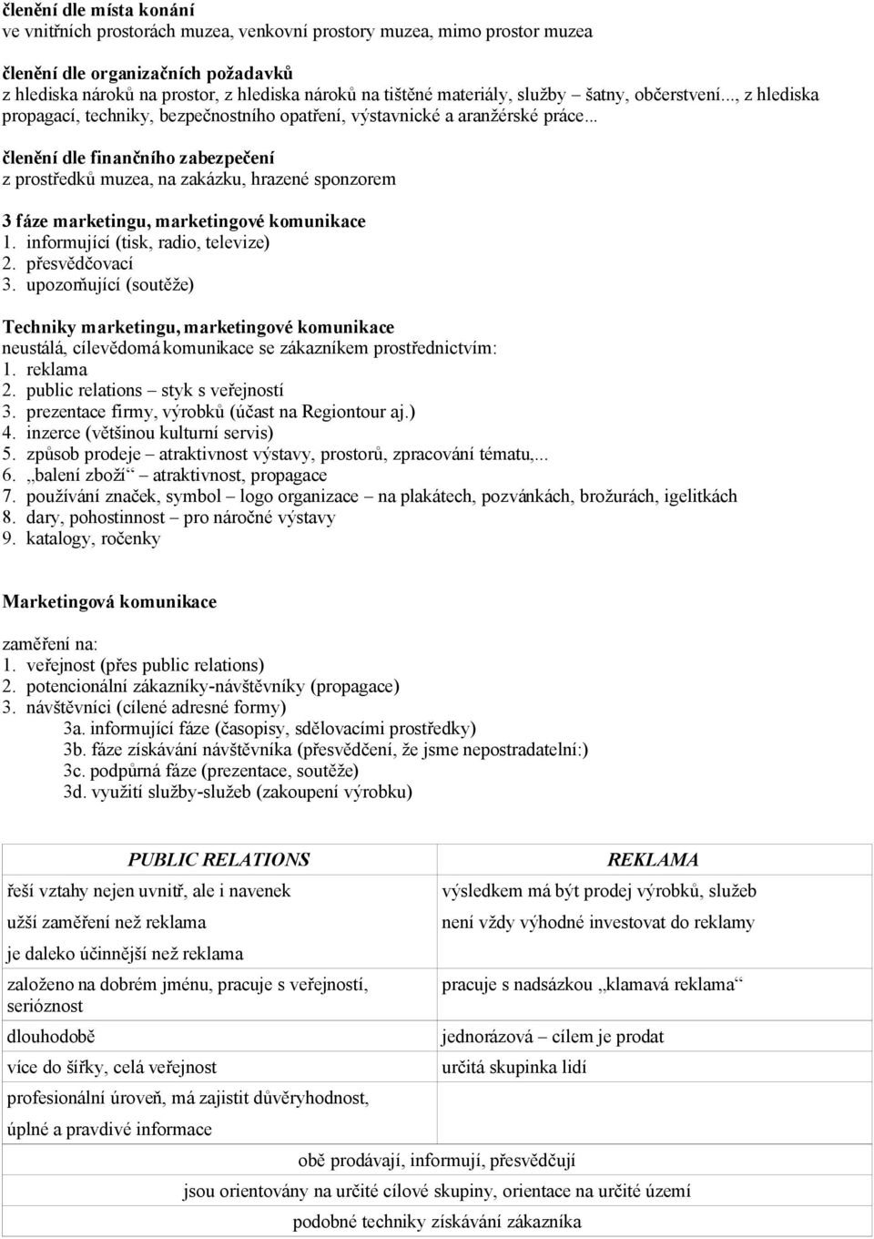 .. členění dle finančního zabezpečení z prostředků muzea, na zakázku, hrazené sponzorem 3 fáze marketingu, marketingové komunikace 1. informující (tisk, radio, televize) 2. přesvědčovací 3.