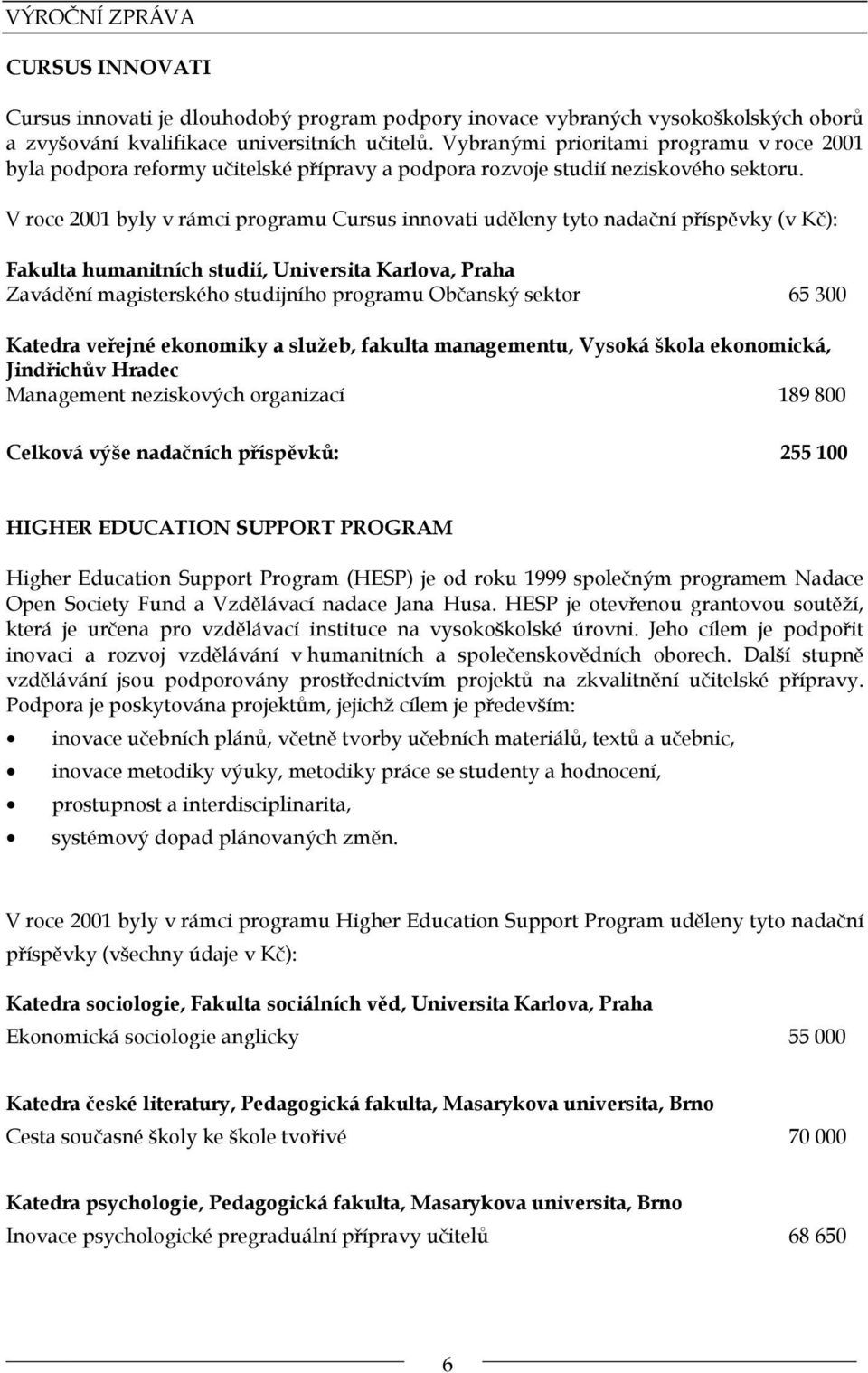 V roce 2001 byly v rámci programu Cursus innovati uděleny tyto nadační příspěvky (v Kč): Fakulta humanitních studií, Universita Karlova, Praha Zavádění magisterského studijního programu Občanský