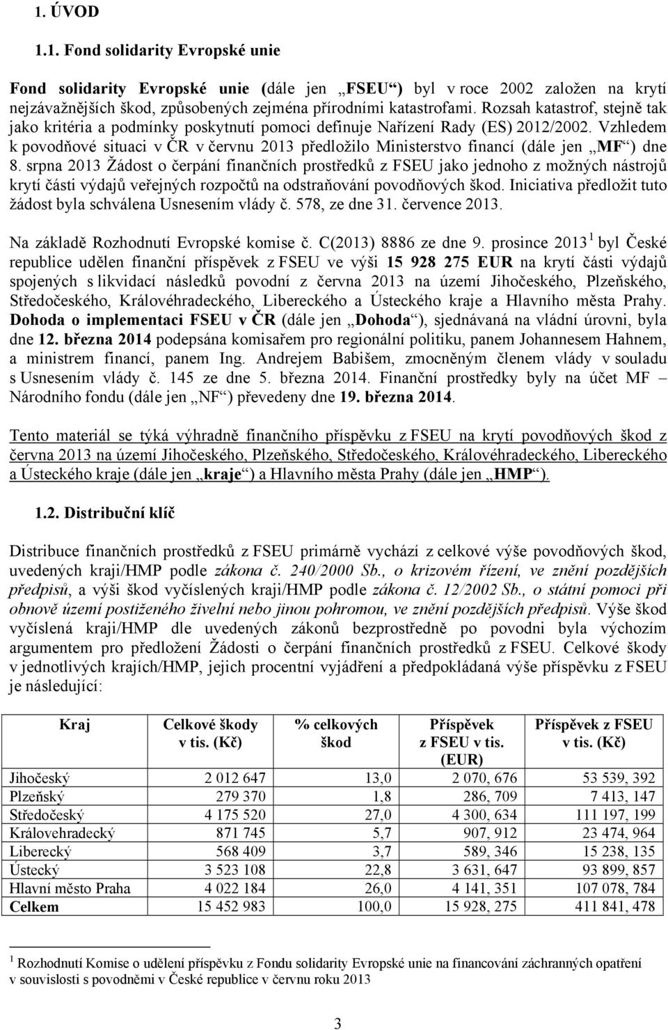 Vzhledem k povodňové situaci v ČR v červnu 2013 předložilo Ministerstvo financí (dále jen MF ) dne 8.