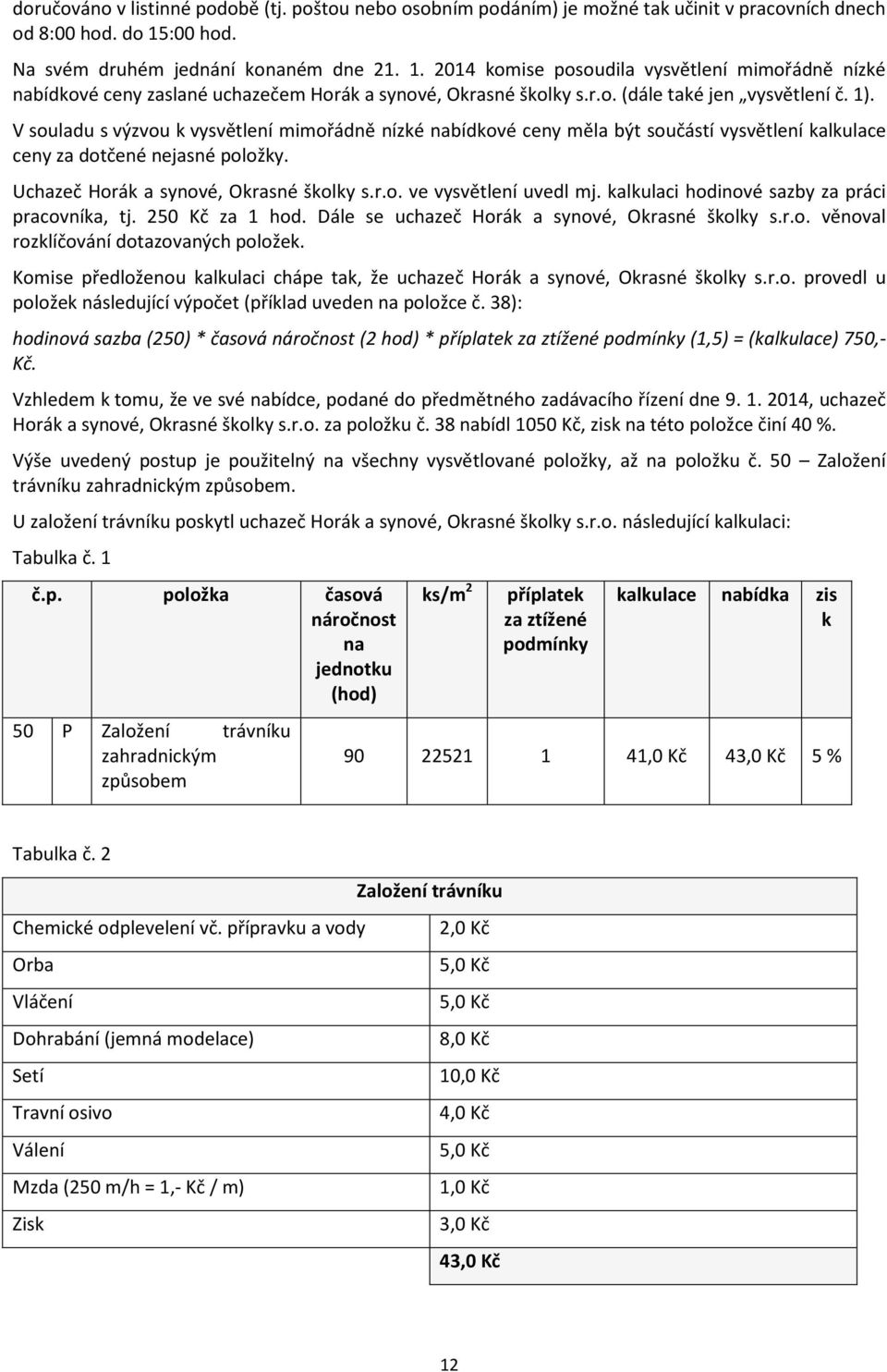 1). V souladu s výzvou k vysvětlení mimořádně nízké nabídkové ceny měla být součástí vysvětlení kalkulace ceny za dotčené nejasné položky. Uchazeč Horák a synové, Okrasné školky s.r.o. ve vysvětlení uvedl mj.