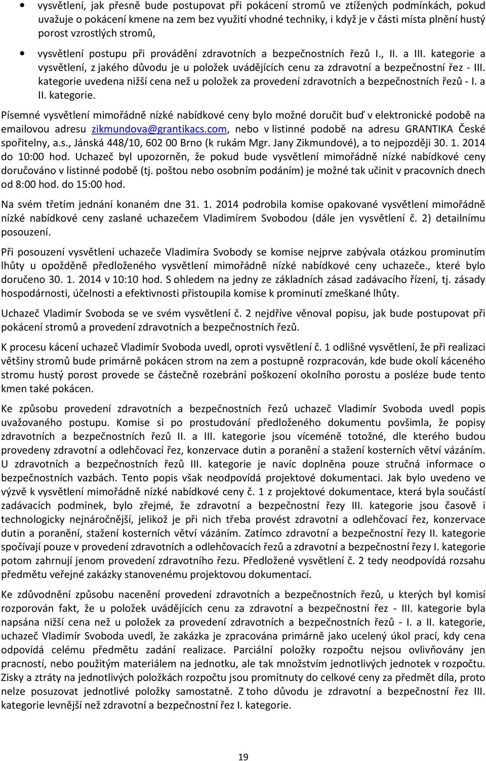 kategorie a vysvětlení, z jakého důvodu je u položek uvádějících cenu za zdravotní a bezpečnostní řez - III.