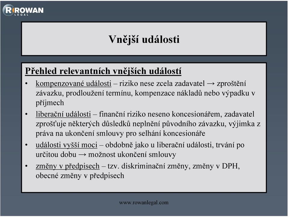 důsledků neplnění původního závazku, výjimka z práva na ukončení smlouvy pro selhání koncesionáře události vyšší moci obdobně jako u