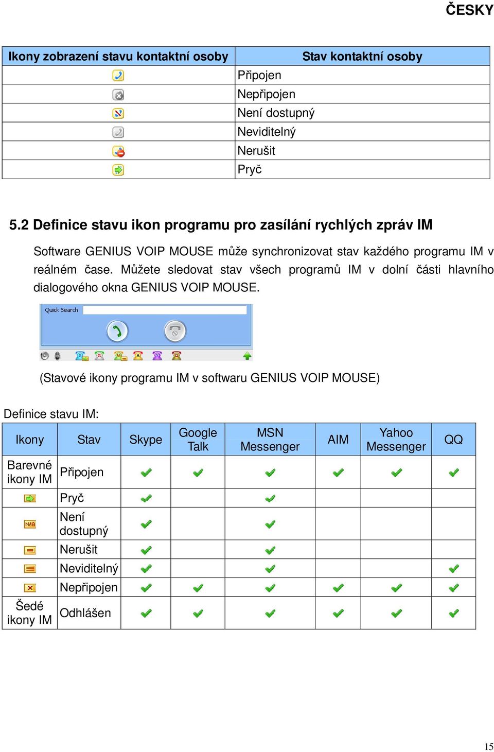 Můžete sledovat stav všech programů IM v dolní části hlavního dialogového okna GENIUS VOIP MOUSE.