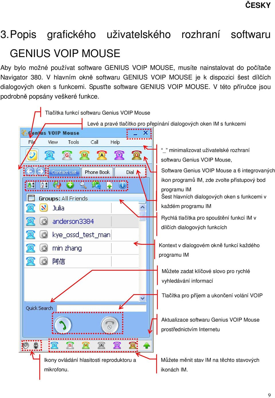 Tlačítka funkcí softwaru Genius VOIP Mouse Levé a pravé tlačítko pro přepínání dialogových oken IM s funkcemi _ minimalizovat uživatelské rozhraní softwaru Genius VOIP Mouse, Software Genius VOIP