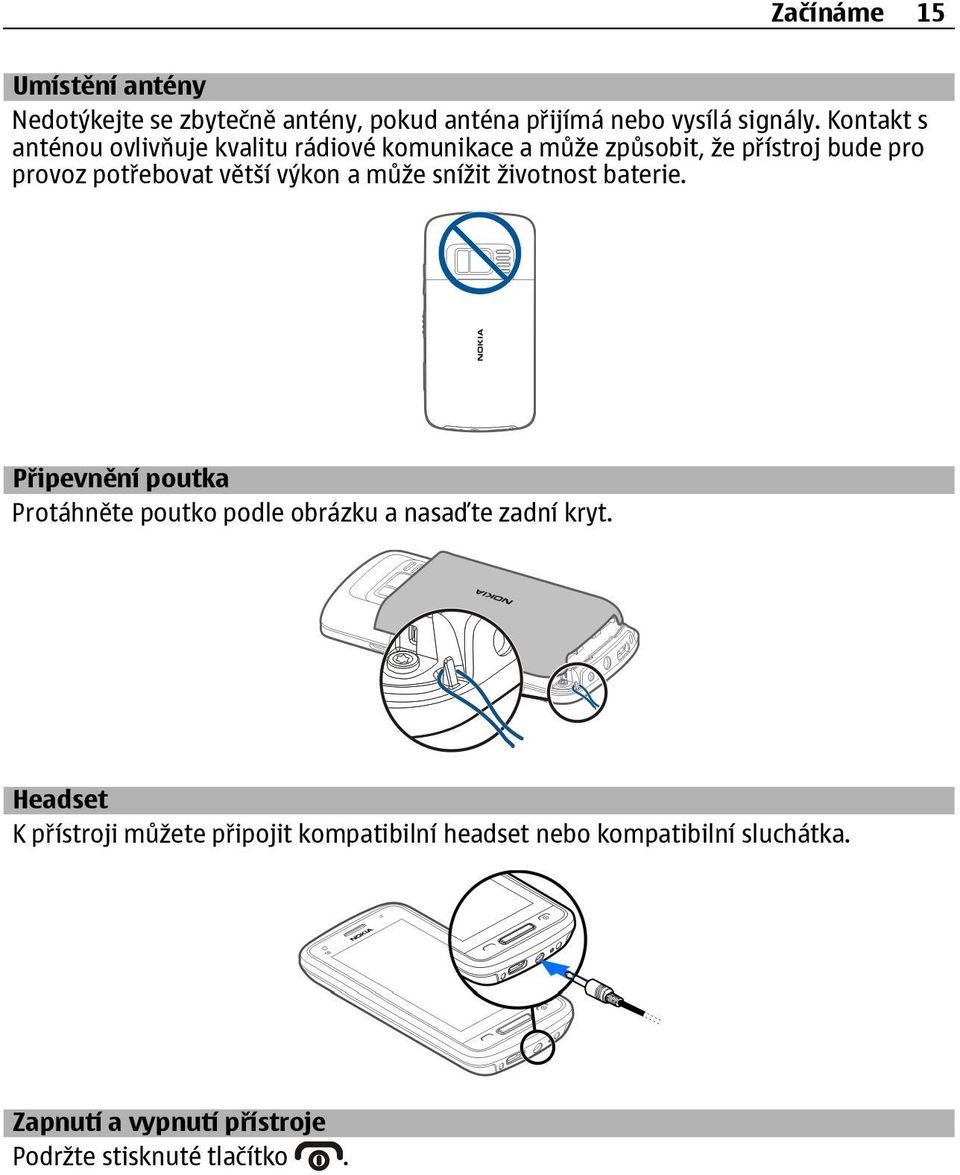 výkon a může snížit životnost baterie. Připevnění poutka Protáhněte poutko podle obrázku a nasaďte zadní kryt.