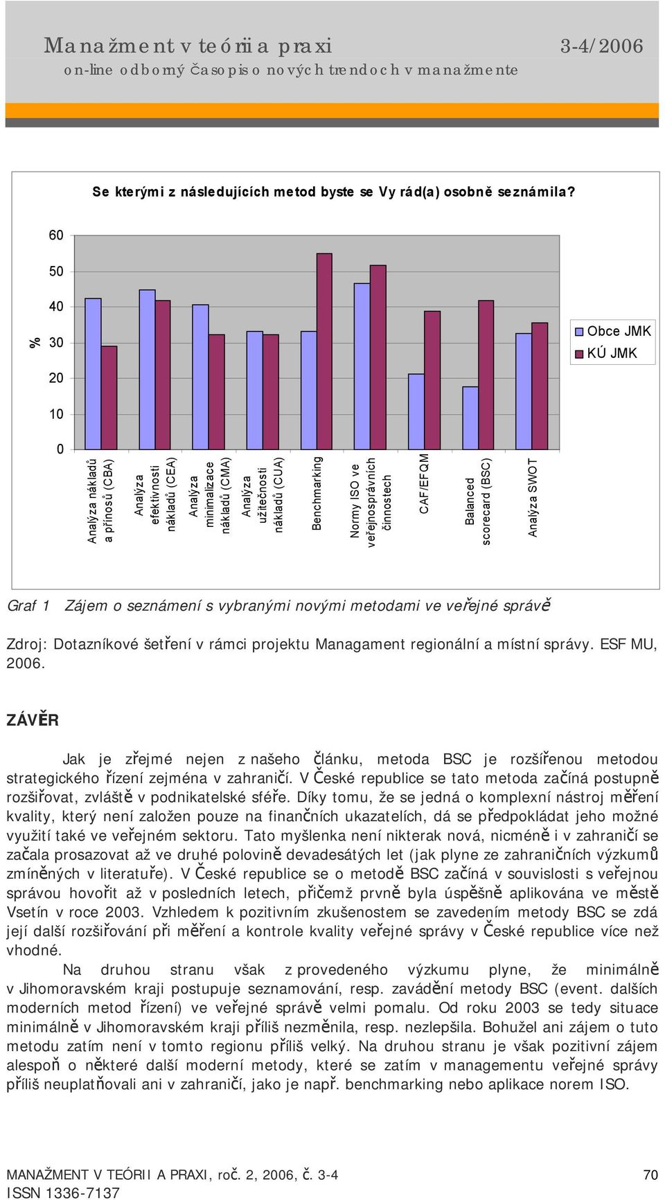 veřejnosprávních činnostech CAF/EFQM Balanced scorecard (BSC) Analýza SWOT Graf 1 Zájem o seznámení s vybranými novými metodami ve veřejné správě Zdroj: Dotazníkové šetření v rámci projektu