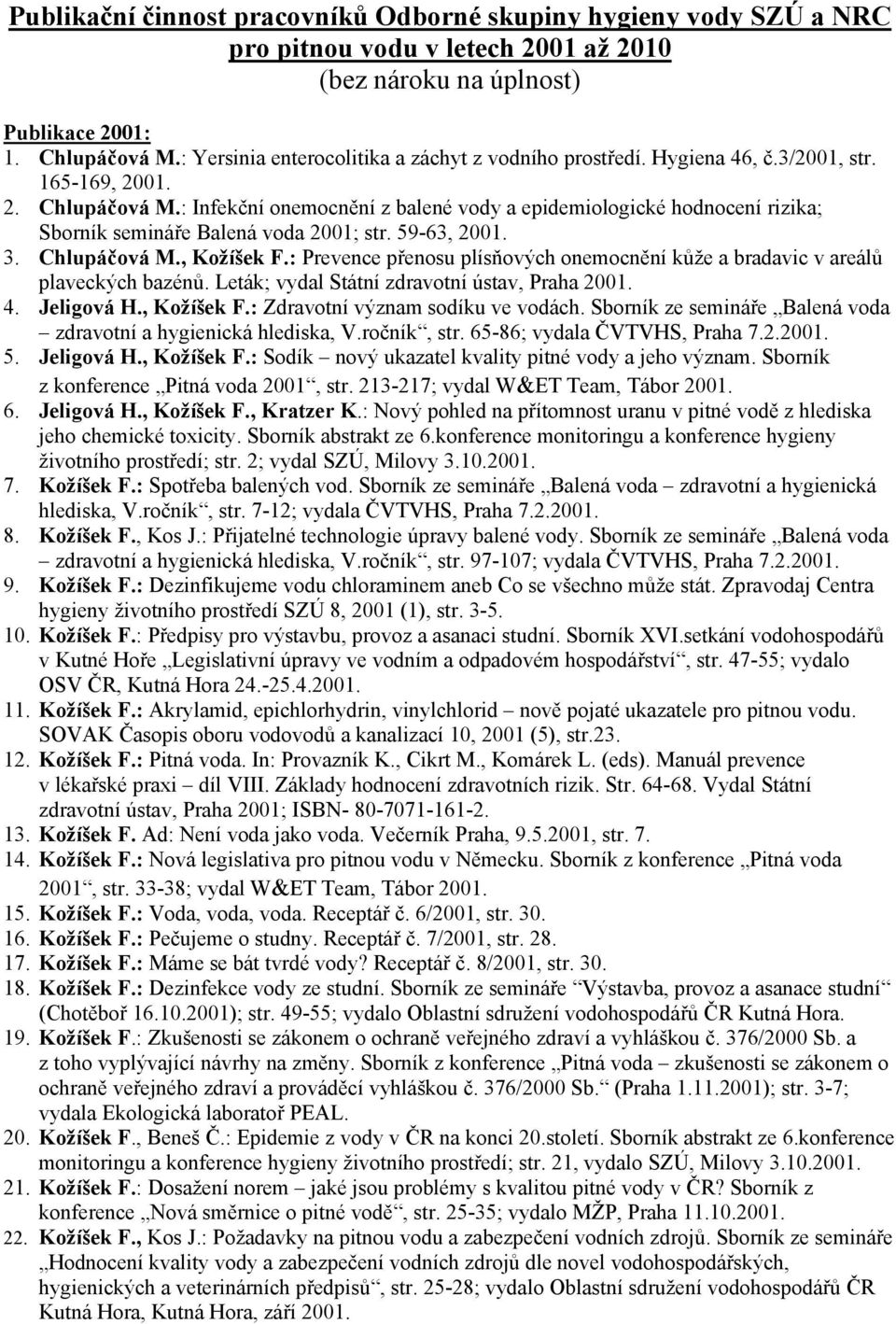 : Infekční onemocnění z balené vody a epidemiologické hodnocení rizika; Sborník semináře Balená voda 2001; str. 59-63, 2001. 3. Chlupáčová M., Kožíšek F.