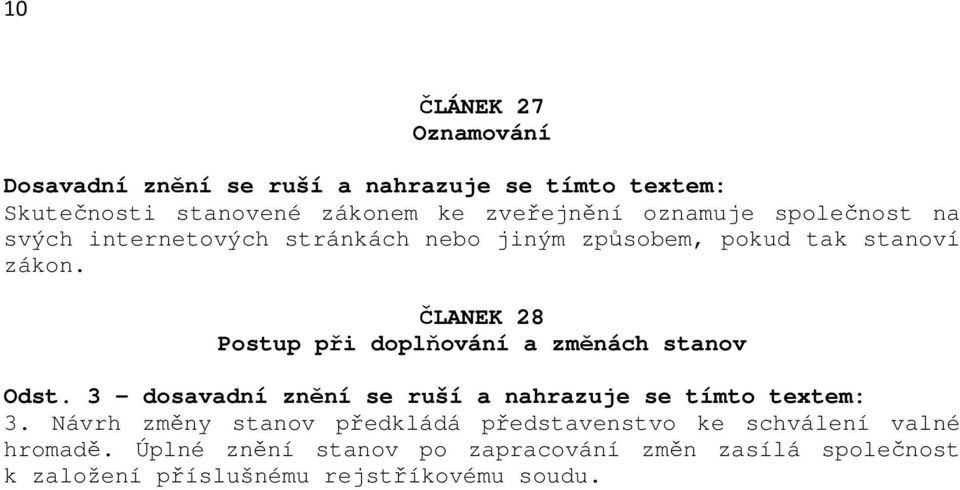 ČLANEK 28 Postup při doplňování a změnách stanov Odst. 3 dosavadní znění se ruší a nahrazuje se tímto textem: 3.