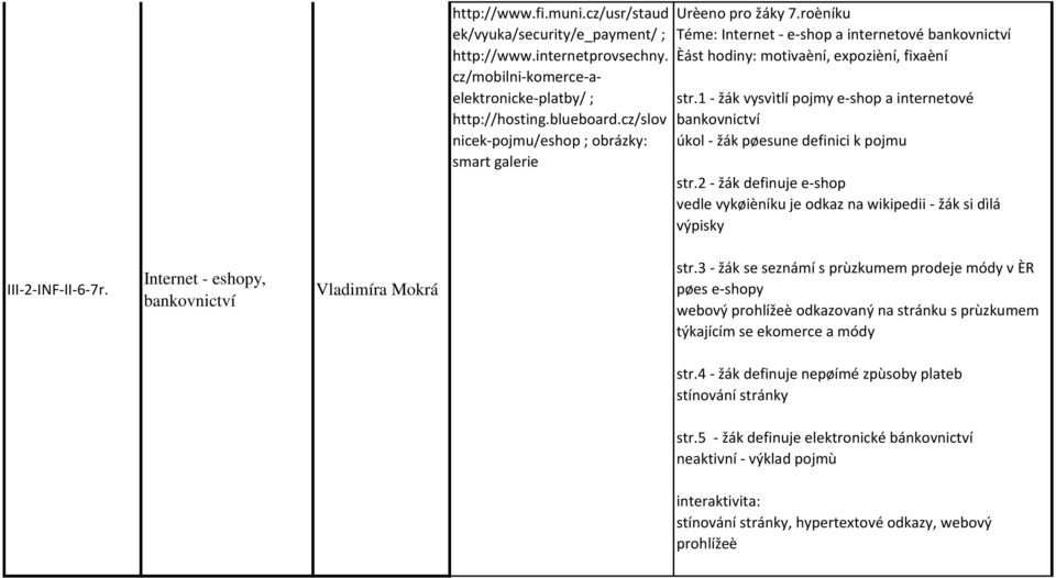 1 - žák vysvìtlí pojmy e-shop a internetové bankovnictví úkol - žák pøesune definici k pojmu str.2 - žák definuje e-shop vedle vykøièníku je odkaz na wikipedii - žák si dìlá výpisky III-2-INF-II-6-7r.
