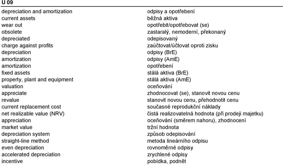 opotřebení běžná aktiva opotřebit/opotřebovat (se) zastaralý, nemoderní, překonaný odepisovaný zaúčtovat/účtovat oproti zisku odpisy (BrE) odpisy (AmE) opotřebení stálá aktiva (BrE) stálá aktiva