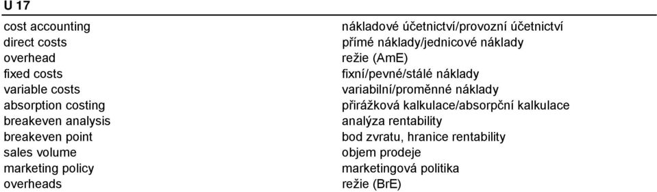 náklady/jednicové náklady režie (AmE) fixní/pevné/stálé náklady variabilní/proměnné náklady přirážková