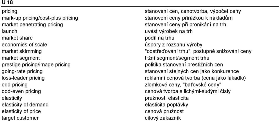 stanovení ceny při pronikání na trh uvést výrobek na trh podíl na trhu úspory z rozsahu výroby "odstřeďování trhu", postupné snižování ceny tržní segment/segment trhu politika stanovení prestižních