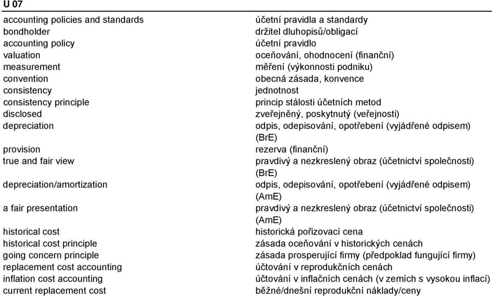 pravidla a standardy držitel dluhopisů/obligací účetní pravidlo oceňování, ohodnocení (finanční) měření (výkonnosti podniku) obecná zásada, konvence jednotnost princip stálosti účetních metod