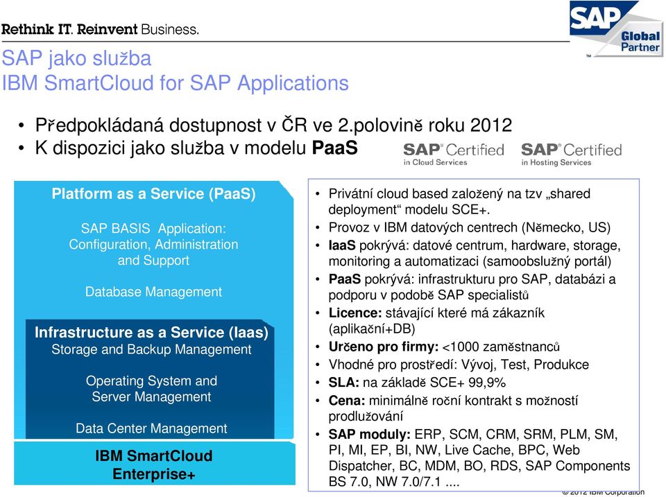 (Iaas) Storage and Backup Management Operating System and Server Management Data Center Management IBM SmartCloud Enterprise+ Privátní cloud based založený na tzv shared deployment modelu SCE+.