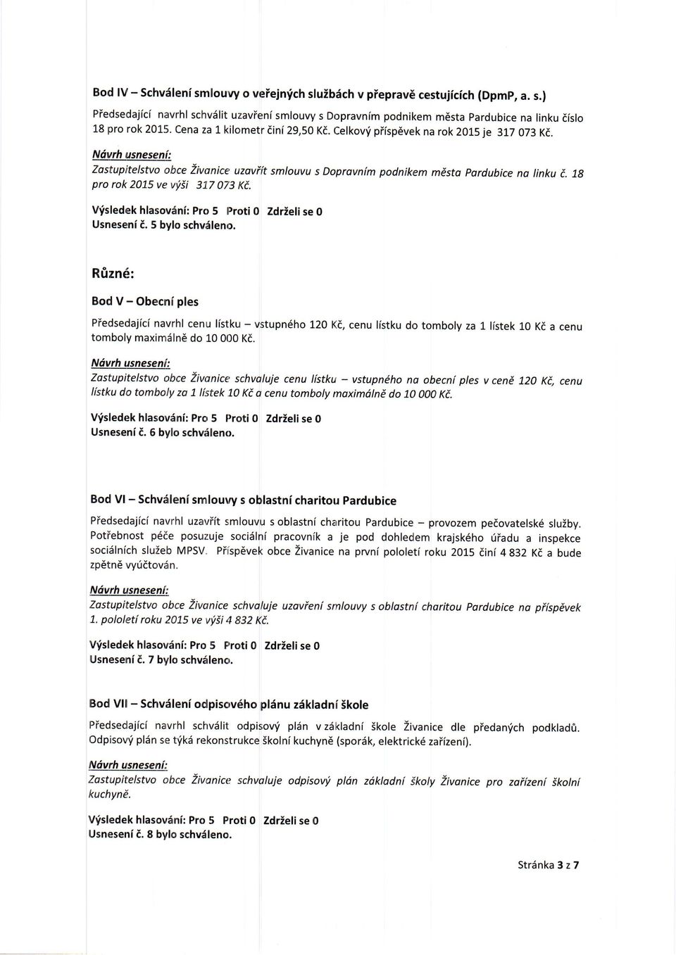 7g pro rok 2075 ve vi,ii 31i.7 073 Ki. Vfsledek hlasov6ni: Pro 5 proti 0 Zdrielise 0 Usneseni i. 5 bylo schvileno.