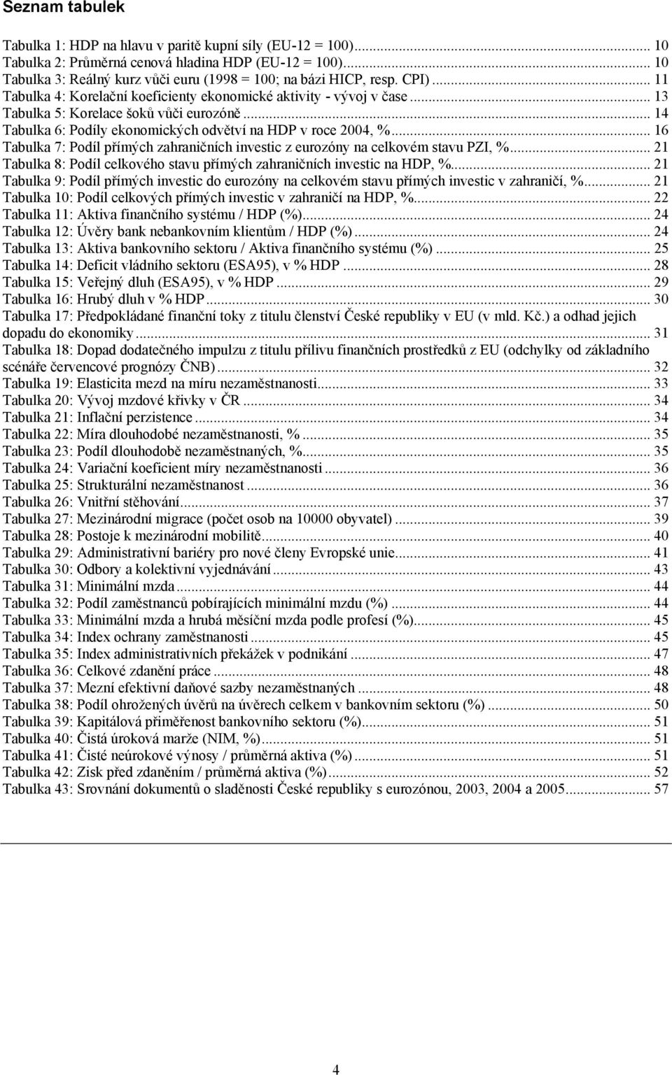 .. 14 Tabulka 6: Podíly ekonomických odvětví na HDP v roce 2004, %... 16 Tabulka 7: Podíl přímých zahraničních investic z eurozóny na celkovém stavu PZI, %.