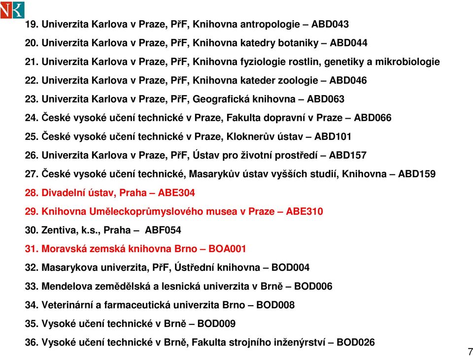 Univerzita Karlova v Praze, PřF, Geografická knihovna ABD063 24. České vysoké učení technické v Praze, Fakulta dopravní v Praze ABD066 25.