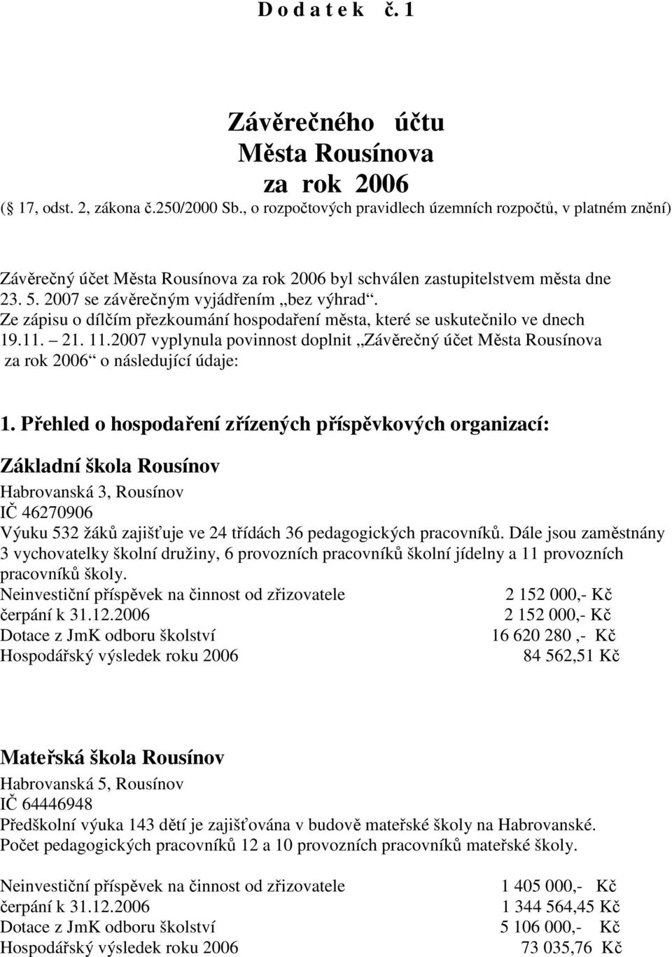 Ze zápisu o dílčím přezkoumání hospodaření města, které se uskutečnilo ve dnech 19.11. 21. 11.2007 vyplynula povinnost doplnit Závěrečný účet Města Rousínova za rok 2006 o následující údaje: 1.