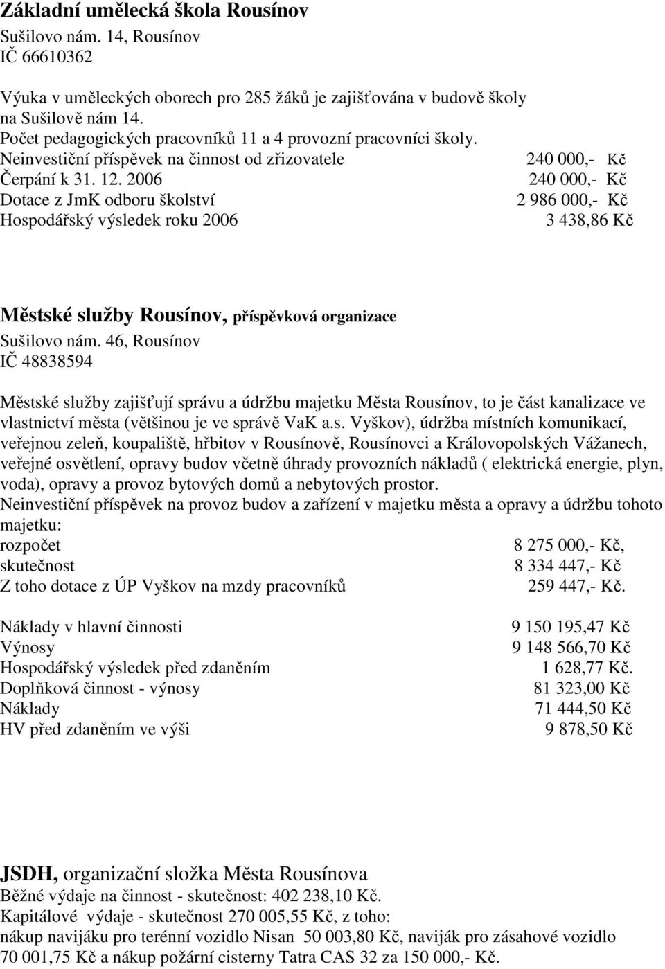 2006 240 000,- Kč Dotace z JmK odboru školství 2 986 000,- Kč 3 438,86 Kč Městské služby Rousínov, příspěvková organizace Sušilovo nám.