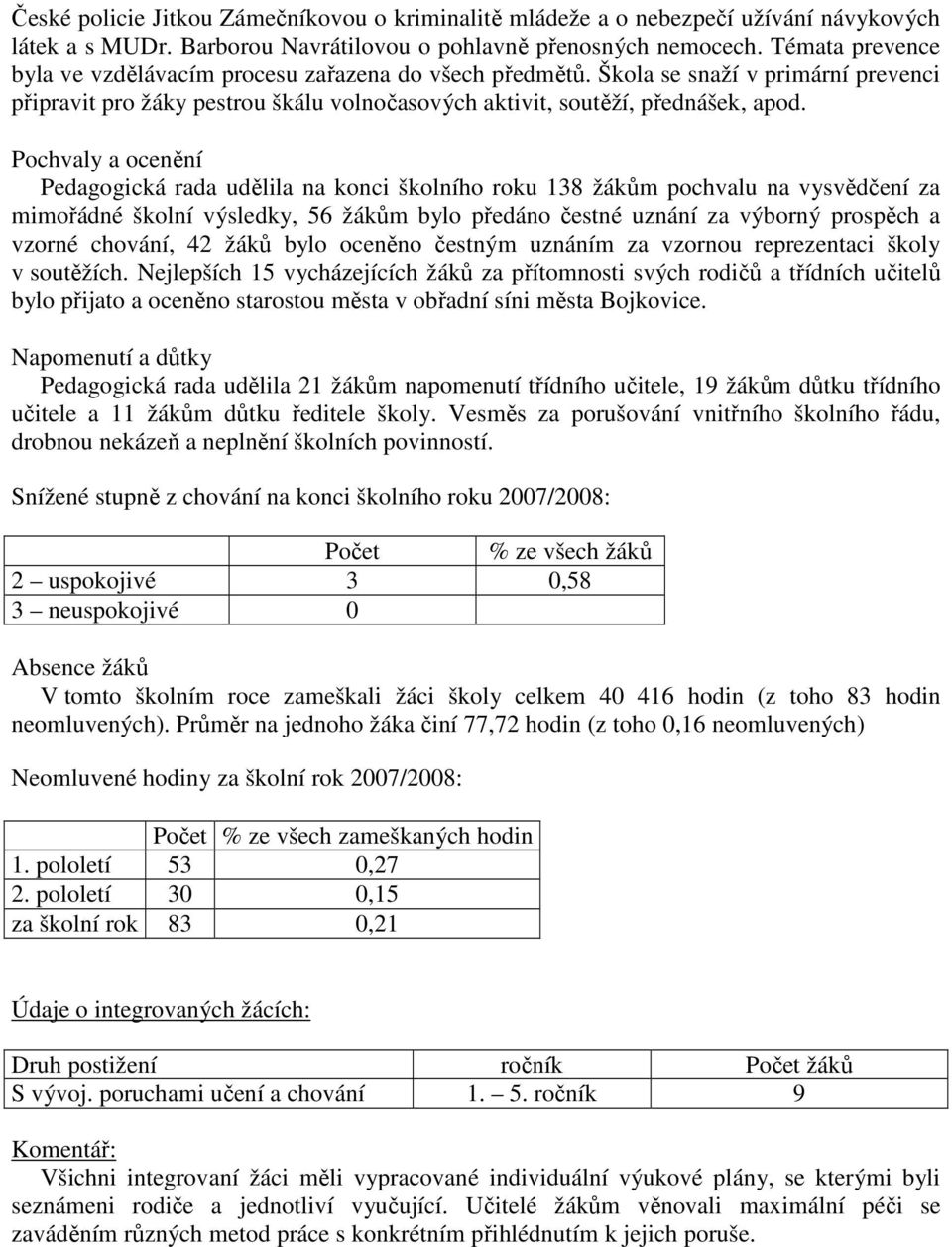 Pochvaly a ocenění Pedagogická rada udělila na konci školního roku 138 žákům pochvalu na vysvědčení za mimořádné školní výsledky, 56 žákům bylo předáno čestné uznání za výborný prospěch a vzorné