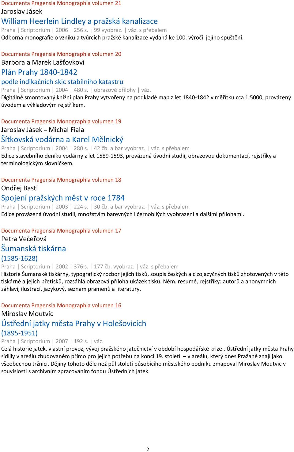 Documenta Pragensia Monographia volumen 20 Barbora a Marek Lašťovkovi Plán Prahy 1840-1842 podle indikačních skic stabilního katastru Praha Scriptorium 2004 480 s. obrazové přílohy váz.