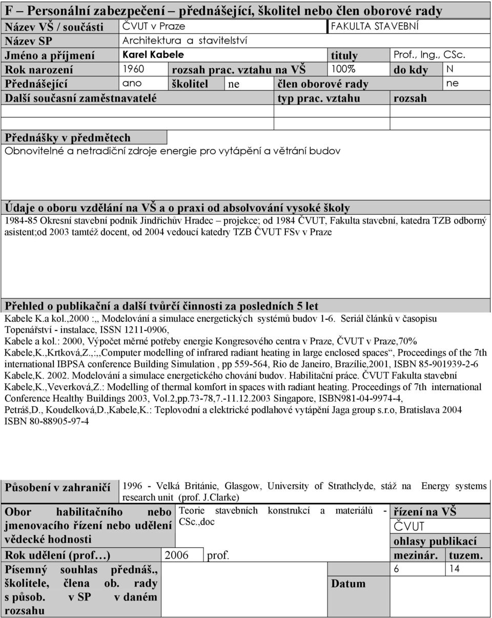 projekce; od 1984 ČVUT, Fakulta stavební, katedra TZB odborný asistent;od 2003 tamtéž docent, od 2004 vedoucí katedry TZB ČVUT FSv v Praze Kabele K.a kol.