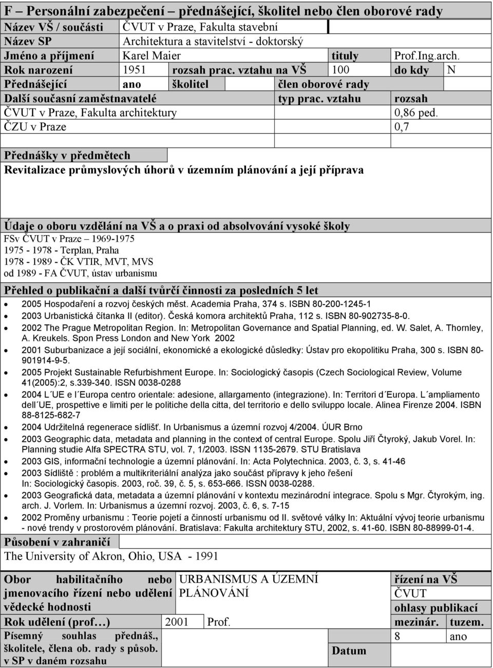 ČZU v Praze 0,7 Revitalizace průmyslových úhorů v územním plánování a její příprava FSv ČVUT v Praze 1969-1975 1975-1978 - Terplan, Praha 1978-1989 - ČK VTIR, MVT, MVS od 1989 - FA ČVUT, ústav