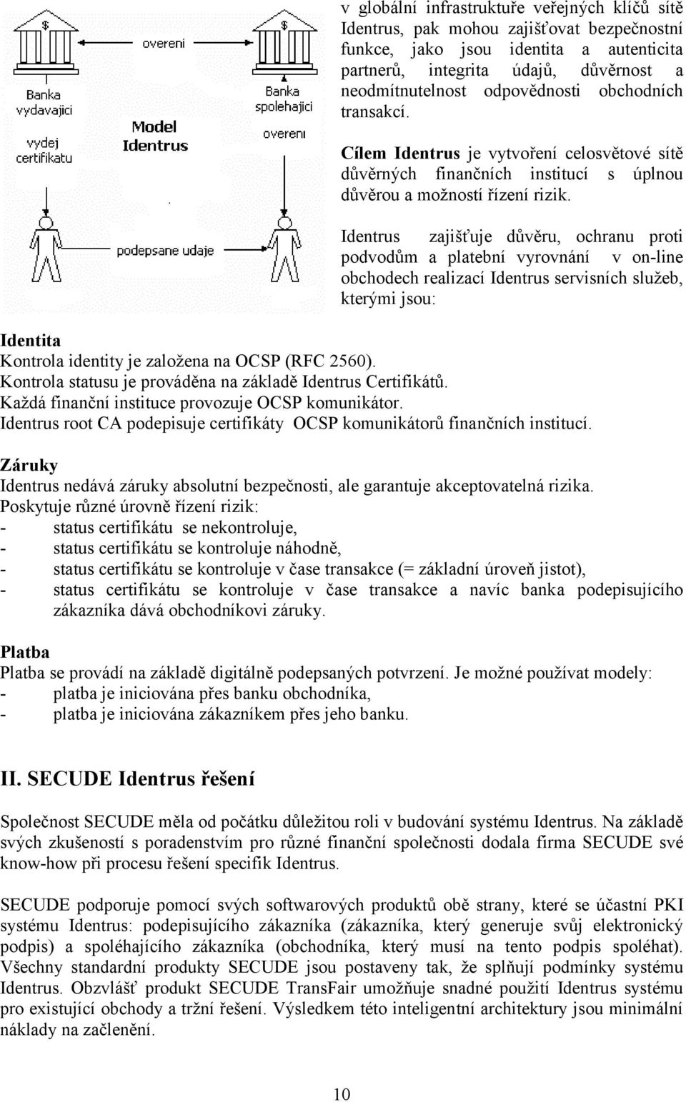 Identrus zajišťuje důvěru, ochranu proti podvodům a platební vyrovnání v on-line obchodech realizací Identrus servisních služeb, kterými jsou: Identita Kontrola identity je založena na OCSP (RFC