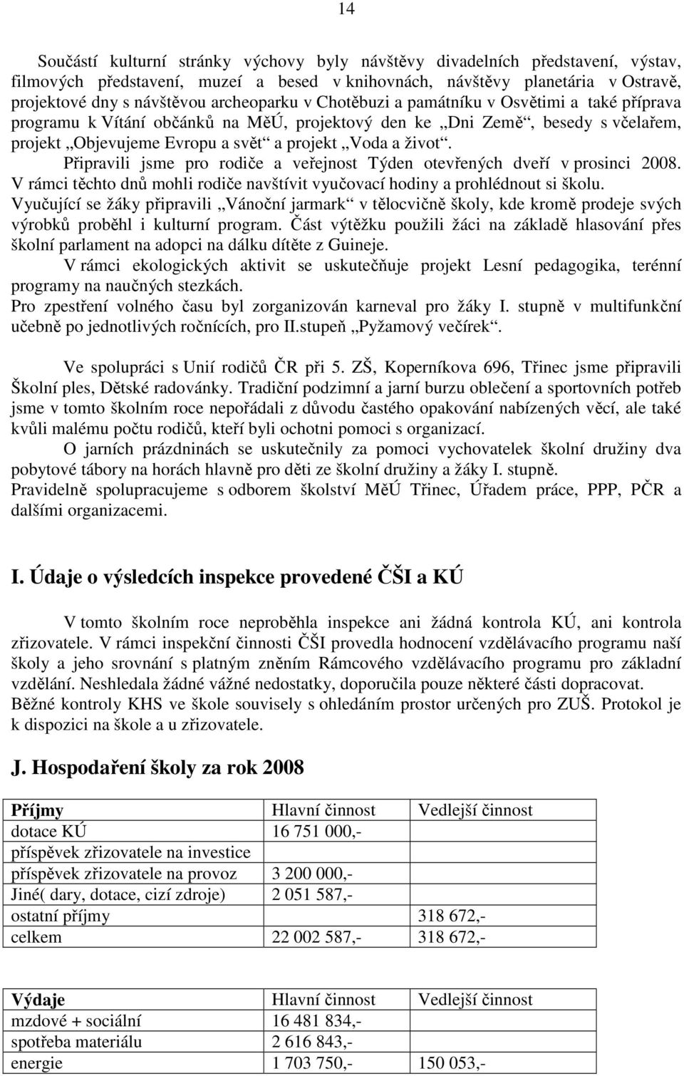 Připravili jsme pro rodiče a veřejnost Týden otevřených dveří v prosinci 2008. V rámci těchto dnů mohli rodiče navštívit vyučovací hodiny a prohlédnout si školu.