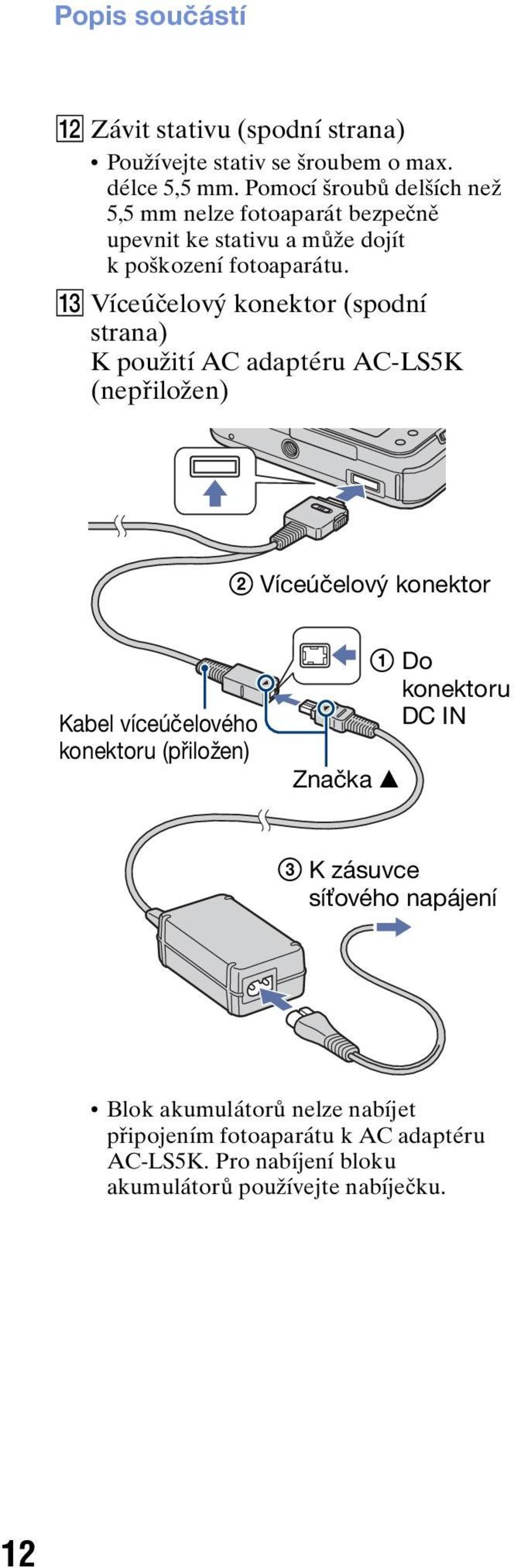 M Víceúčelový konektor (spodní strana) K použití AC adaptéru AC-LS5K (nepřiložen) 2 Víceúčelový konektor Kabel víceúčelového konektoru