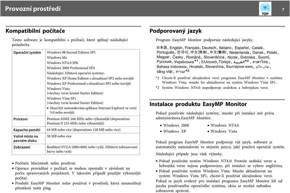 0 SP6 Windows 2000 Professional SP4 Následující 32bitové operační systémy: Windows XP Home Edition s aktualizací SP2 nebo novější Windows XP Professional s aktualizací SP2 nebo novější Windows Vista