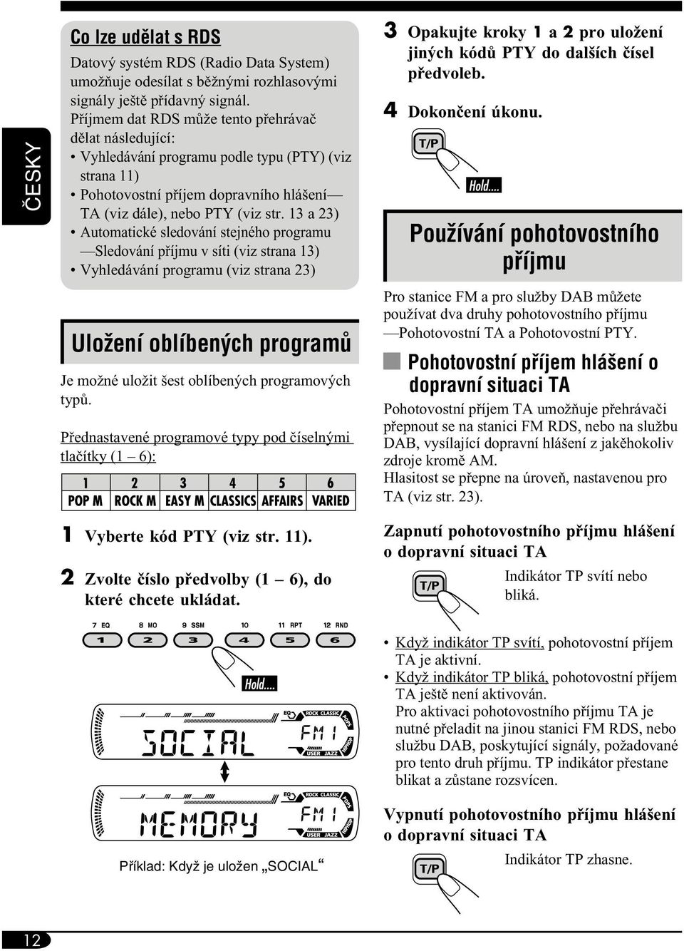 13 a 23) Automatické sledování stejného programu Sledování příjmu v síti (viz strana 13) Vyhledávání programu (viz strana 23) UloÏení oblíben ch programû Je možné uložit šest oblíbených programových