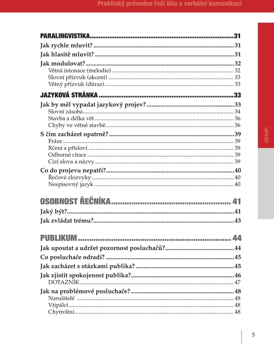 ...39 Fráze... 39 Rčení a přísloví... 39 Odborné citace... 39 Cizí slova a názvy... 39 Co do projevu nepatří?...40 Řečové zlozvyky... 40 Nespisovný jazyk... 40 obsah OSOBNOST ŘEČNÍKA... 41 Jaký být?