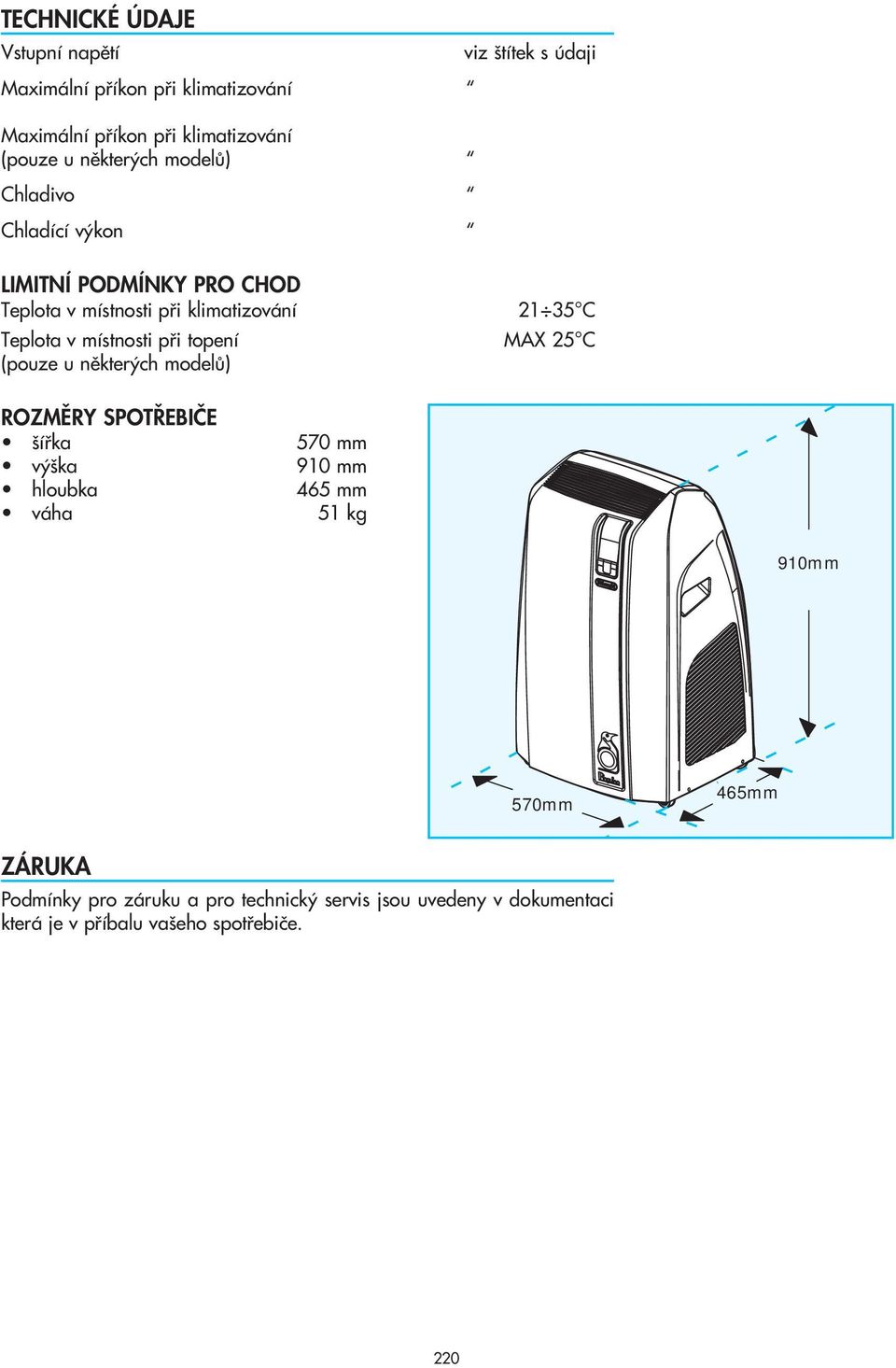 místnosti pfii topení MAX 25 C (pouze u nûkter ch modelû) ROZMùRY SPOT EBIâE ífika 570 mm v ka 910 mm hloubka 465 mm váha 51 kg