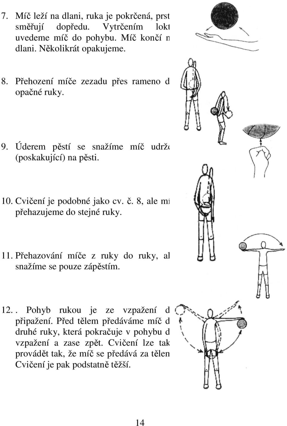 8, ale míč přehazujeme do stejné ruky. 11. Přehazování míče z ruky do ruky, ale snažíme se pouze zápěstím. 12.. Pohyb rukou je ze vzpažení do připažení.