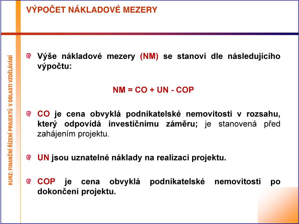 který odpovídá investičnímu záměru; je stanovená před zahájením projektu.