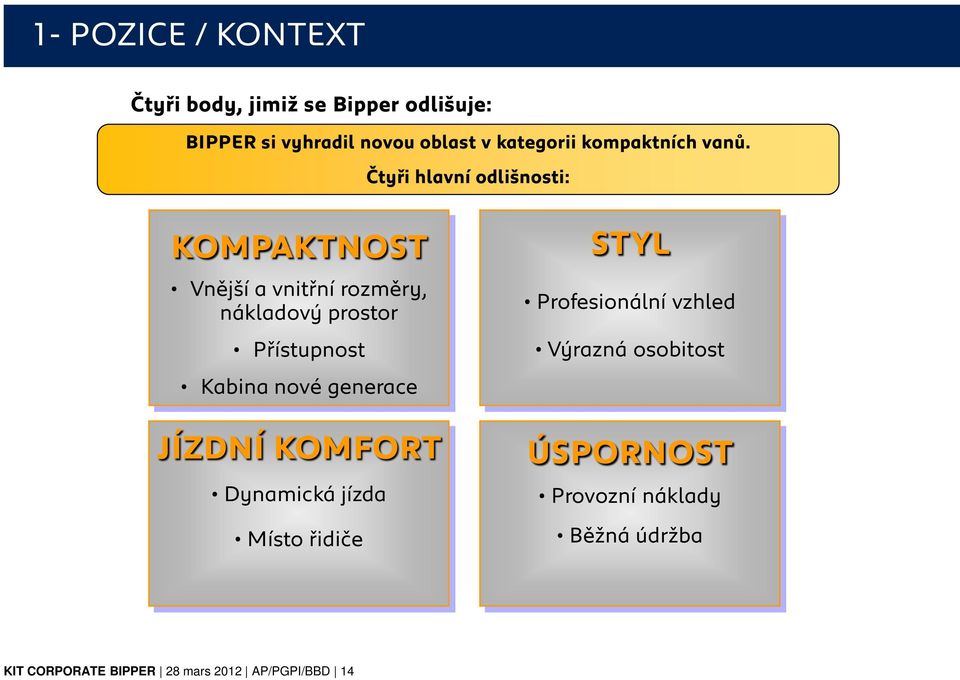 Čtyři hlavní odlišnosti: KOMPAKTNOST Vnější a vnitřní rozměry, nákladový prostor Přístupnost Kabina