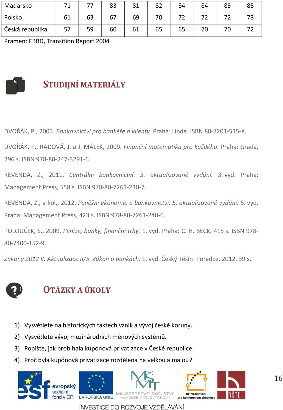 , 2011. Centrální bankovnictví. 3. aktualizované vydání. 3. vyd. Praha: Management Press, 558 s. ISBN 978-80-7261-230-7. REVENDA, Z., a kol., 2012. Peněžní ekonomie a bankovnictví. 5. aktualizované vydání. 5. vyd. Praha: Management Press, 423 s.