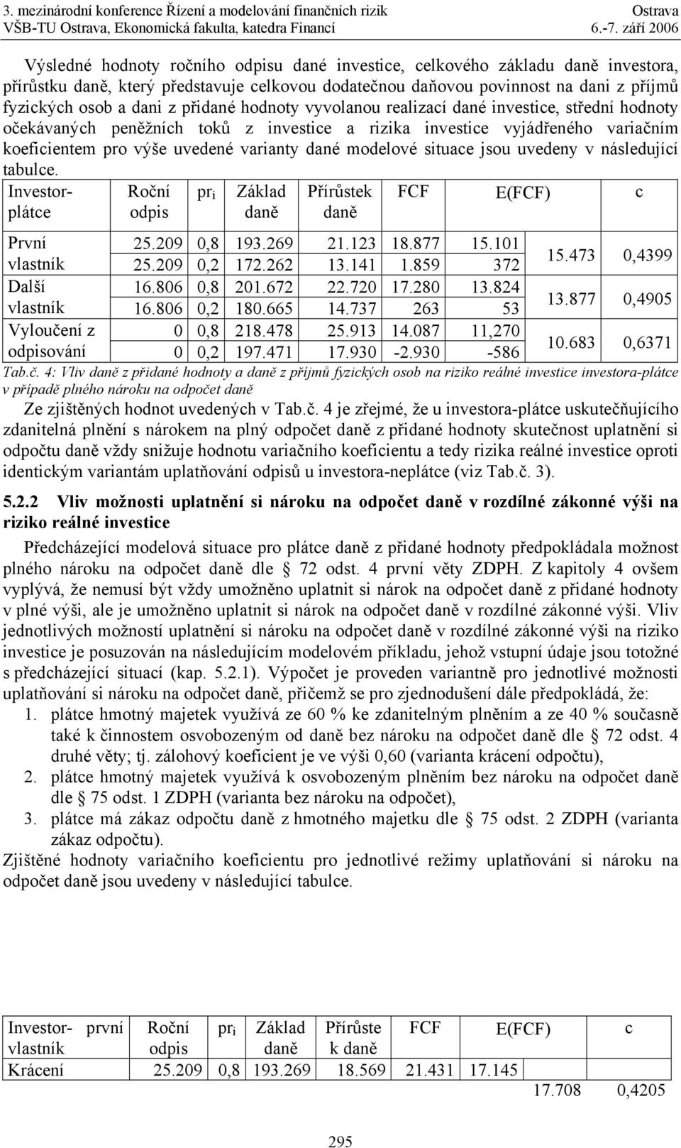 modelové situace jsou uvedeny v následující tabulce. Investorplátce Roční odpis pr i Základ daně Přírůstek daně FCF E(FCF) c První 25.209 0,8 193.269 21.123 18.877 15.101 vlastník 15.473 0,4399 25.