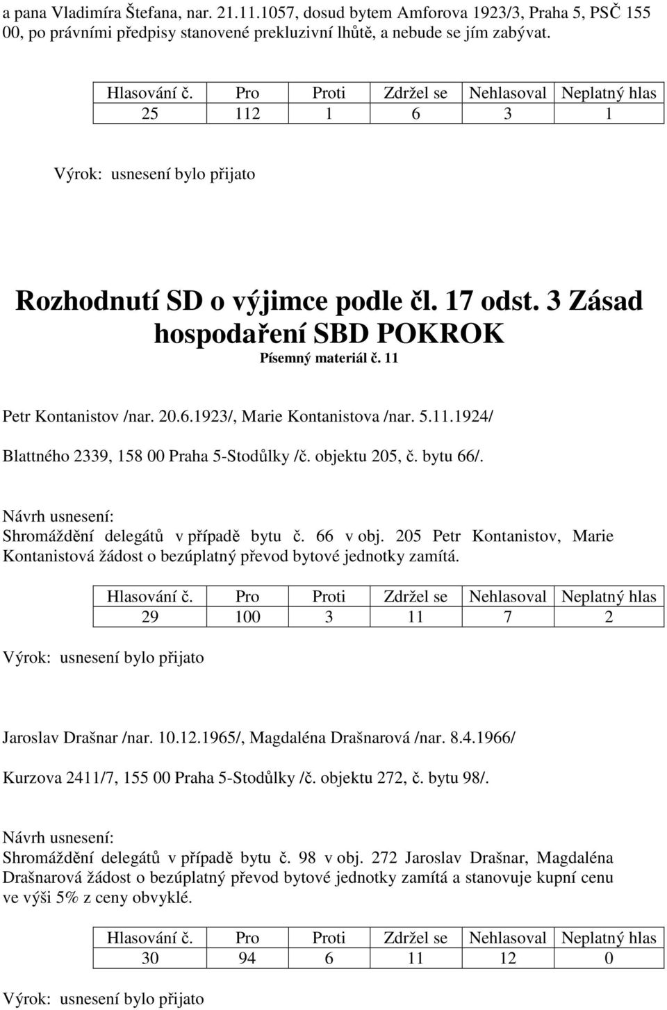 objektu 205, č. bytu 66/. Shromáždění delegátů v případě bytu č. 66 v obj. 205 Petr Kontanistov, Marie Kontanistová žádost o bezúplatný převod bytové jednotky zamítá.