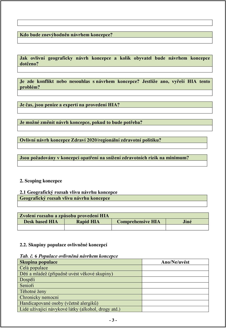 Ovlivní návrh koncepce Zdraví 2020/regionální zdravotní politiku? Jsou požadovány v koncepci opatření na snížení zdravotních rizik na minimum? 2. Scoping koncepce 2.
