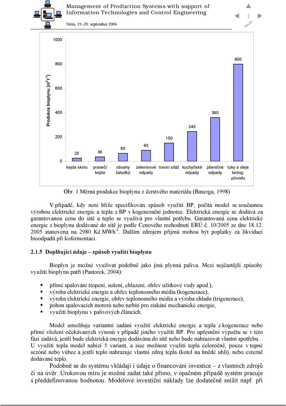 1 Měrná produkce bioplynu z čerstvého materiálu (Baserga, 1998) V případě, kdy není blíže specifikován způsob využití BP, počítá model se současnou výrobou elektrické energie a tepla z BP v