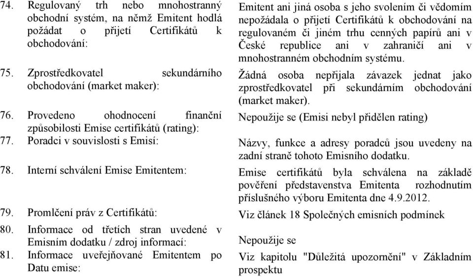 ani v České republice ani v zahraničí ani v mnohostranném obchodním systému. Žádná osoba nepřijala závazek jednat jako zprostředkovatel při sekundárním obchodování (market maker). 76.