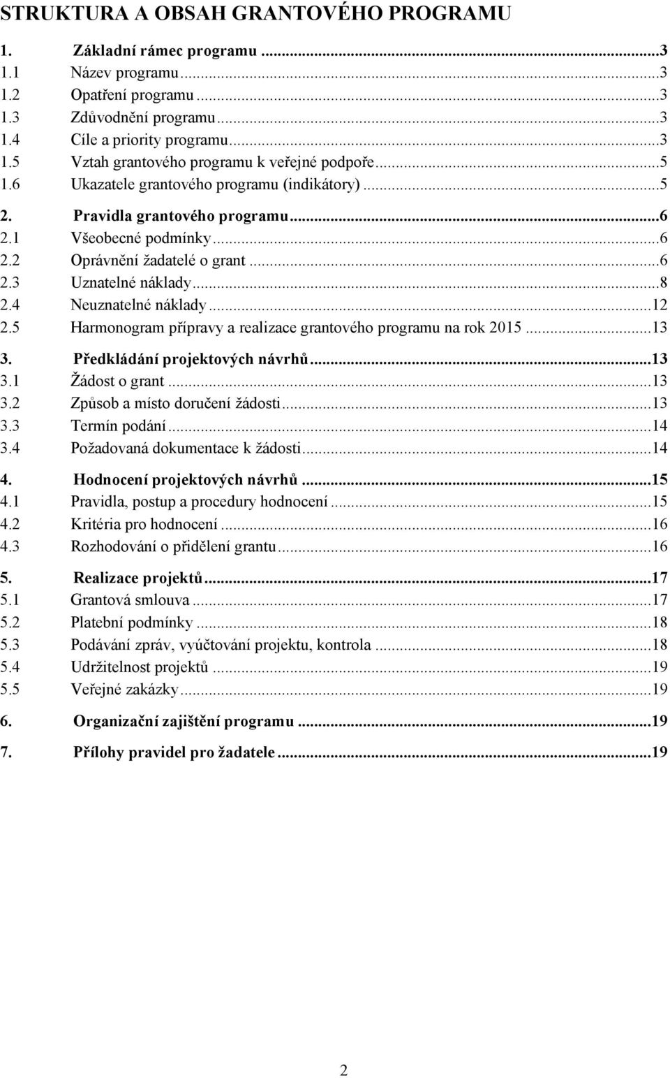 4 Neuznatelné náklady... 12 2.5 Harmonogram přípravy a realizace grantového programu na rok 2015... 13 3. Předkládání projektových návrhů... 13 3.1 Ţádost o grant... 13 3.2 Způsob a místo doručení ţádosti.