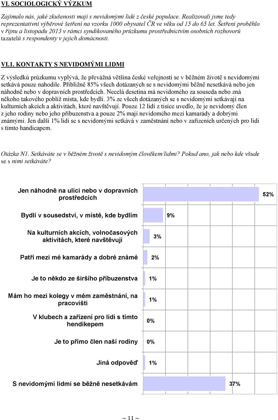 Šetření proběhlo v říjnu a listopadu 2013 v rámci syndikovaného průzkumu prostřednictvím osobních rozhovorů tazatelů s respondenty v jejich domácnosti. VI.1. KONTAKTY S NEVIDOMÝMI LIDMI Z výsledků průzkumu vyplývá, že převážná většina české veřejnosti se v běžném životě s nevidomými setkává pouze nahodile.