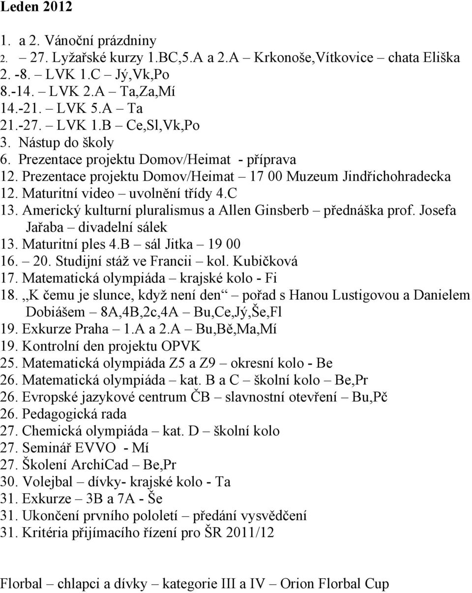 Americký kulturní pluralismus a Allen Ginsberb přednáška prof. Josefa Jařaba divadelní sálek 13. Maturitní ples 4.B sál Jitka 19 00 16. 20. Studijní stáž ve Francii kol. Kubičková 17.